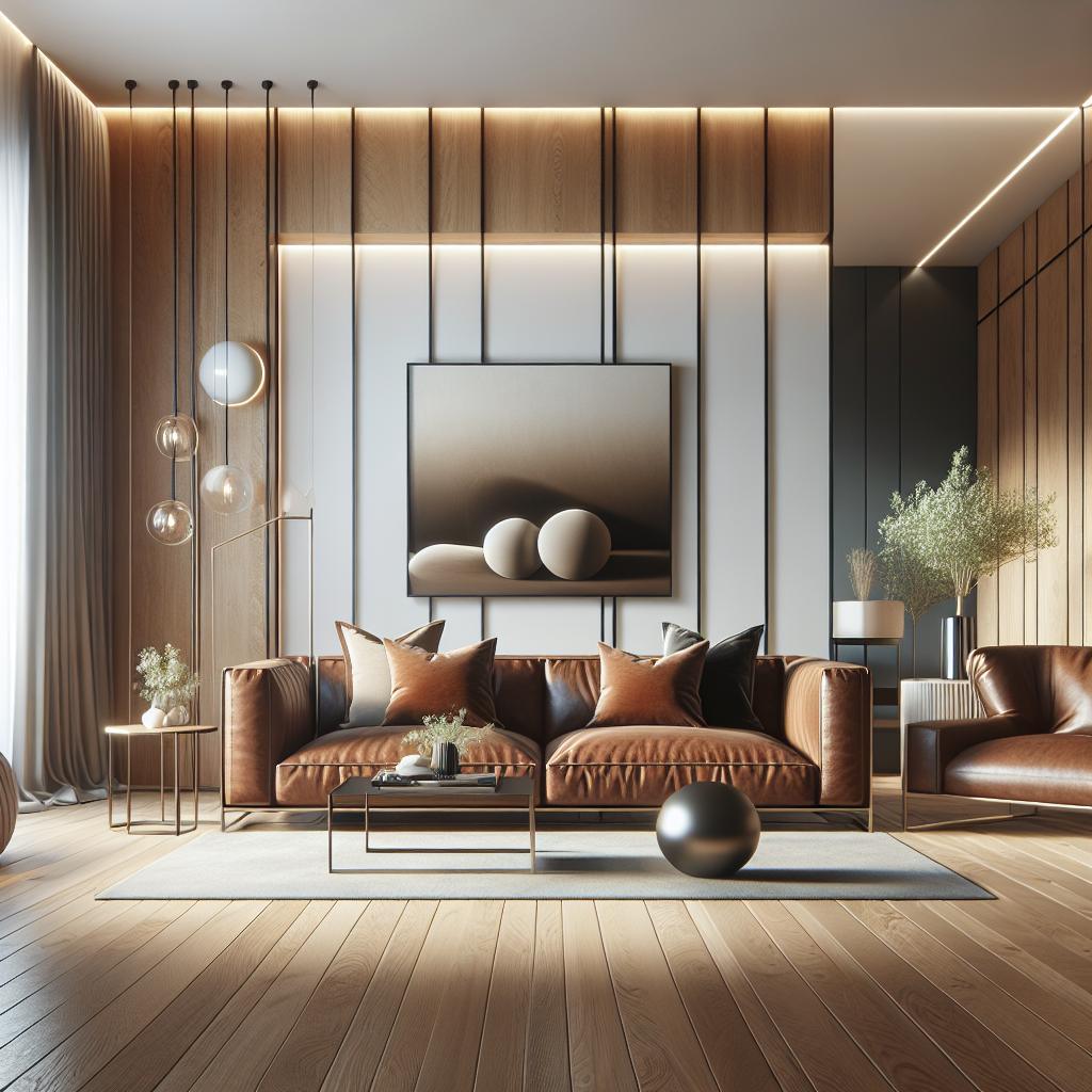 Bruin lederen bank in Scandinavisch geïnspireerd interieur straalt elegantie en comfort uit.