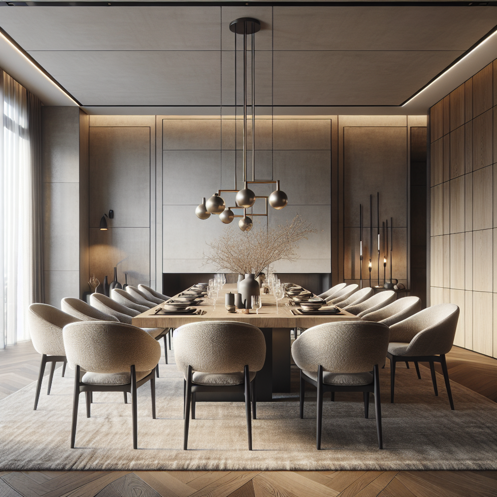 Moderne eetkamer met een lange tafel en comfortabele stoelen. Warme verlichting en decor.