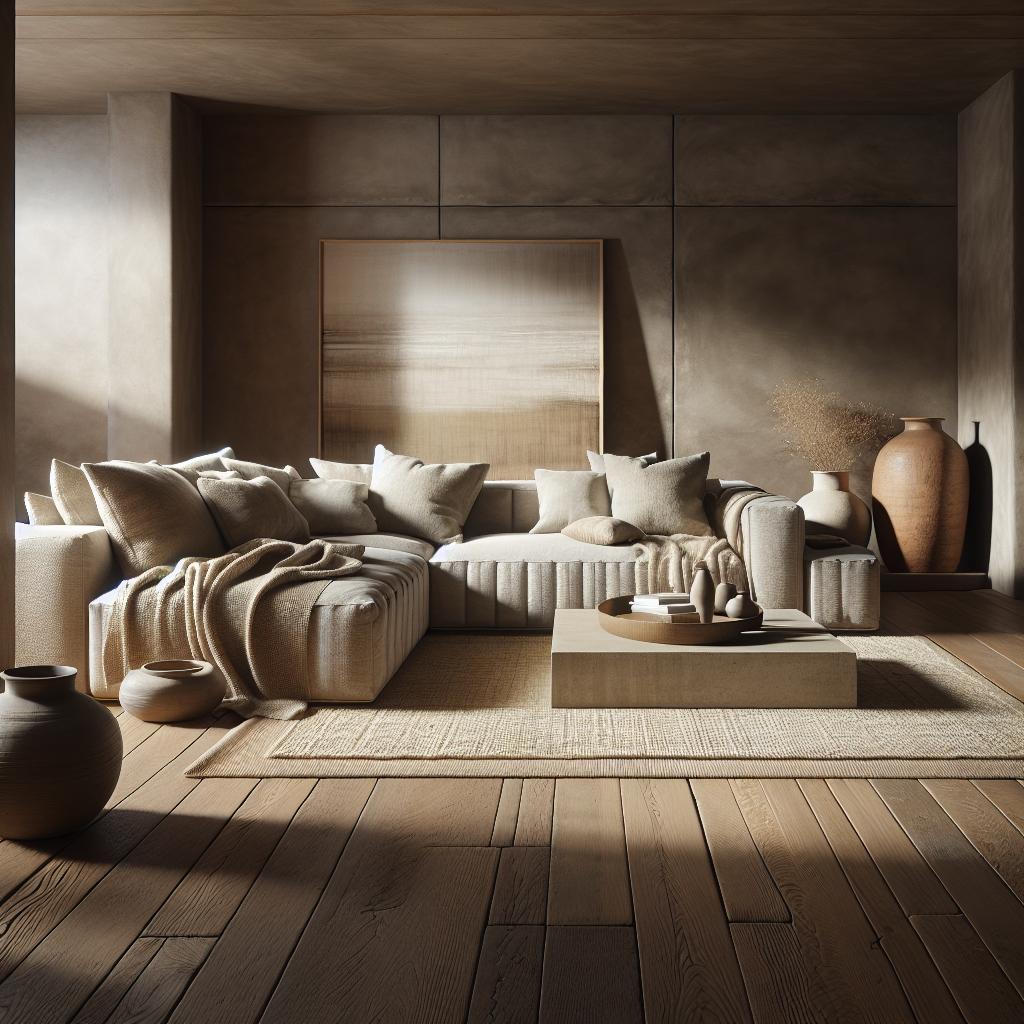 Helles Wohnzimmer mit bequemer Couch, vielen Kissen und dekorativen Töpfen.