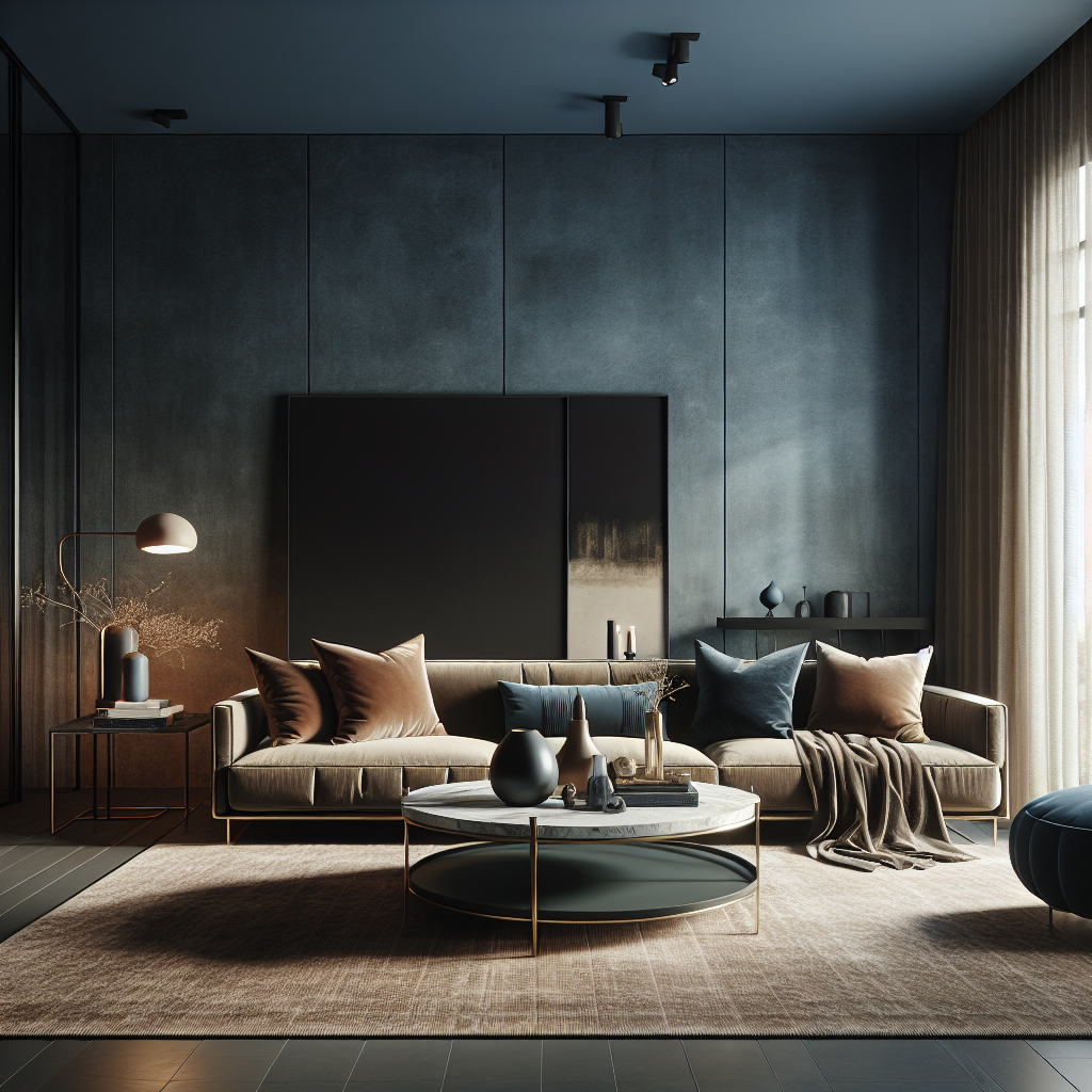 Moderne woonkamer met stijlvolle meubels, kussens en een elegant decor.