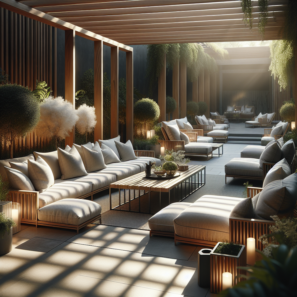Modern lounge met comfortabele banken en planten, verlicht door warm zonlicht.