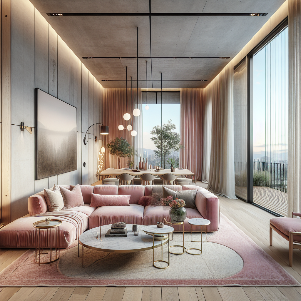 Moderne woonkamer met een roze bank, elegante verlichting en grote ramen.