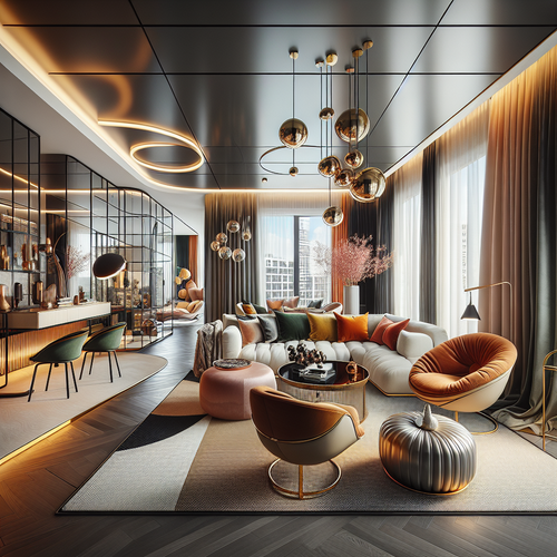 Stijlvolle woonkamer met elegante meubels en sfeervolle verlichting, modern en uitnodigend.