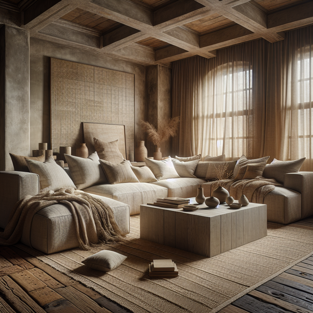 Gemütliches Wohnzimmer mit neutralen Farben, Kissen, Pflanzen und Holzdetails.