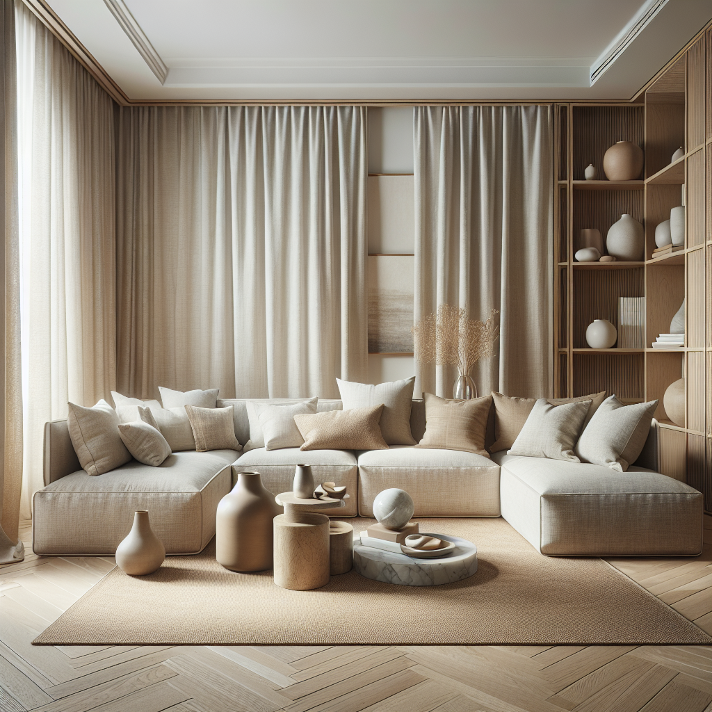 Een moderne woonkamer met neutrale kleuren en stijlvolle, natuurlijke decoraties.