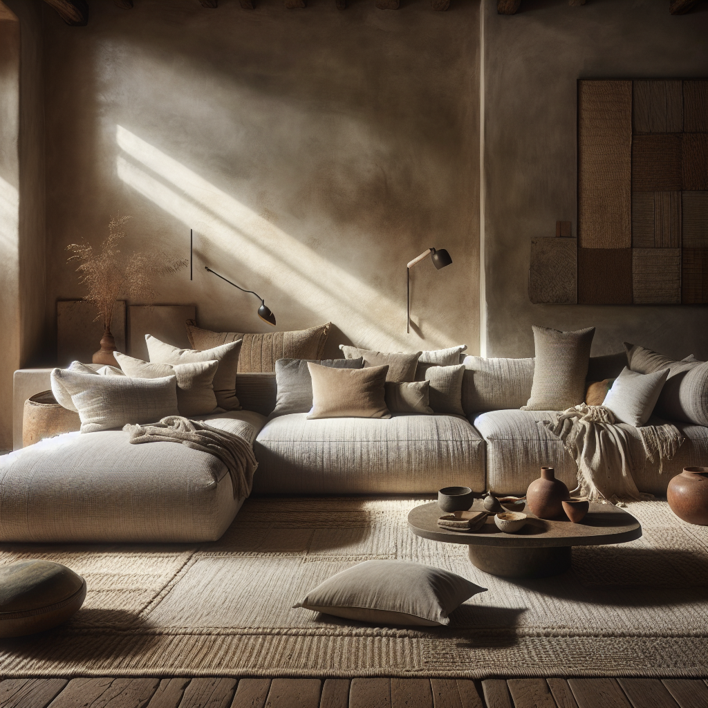 Ein gemütliches Wohnzimmer mit neutralen Farben, Kissen und sanftem Licht.