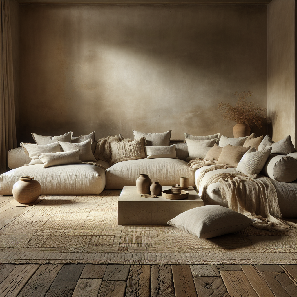 Een gezellige woonkamer met neutrale tinten, kussens en aardewerken decoraties.
