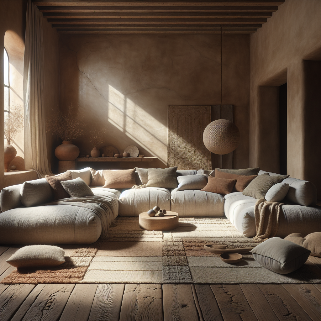 Gezellige woonkamer met een luxe loungebank en warme, natuurlijke tinten.