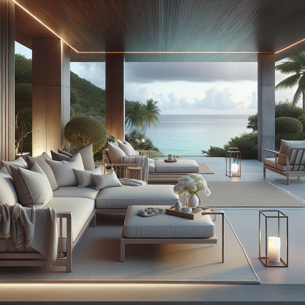 Elegantes Lounge-Setting mit Meerblick, gemütlichen Sitzplätzen und stilvoller Dekoration.