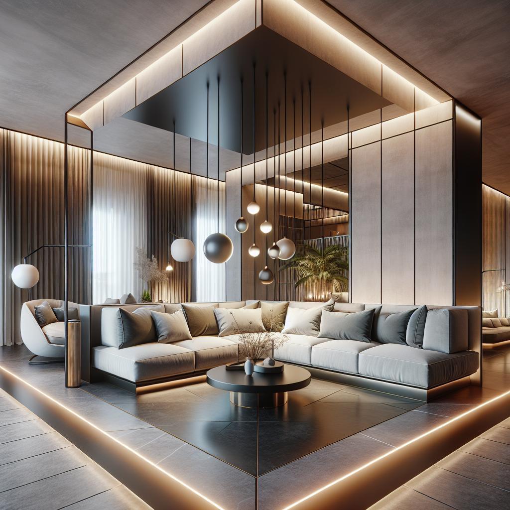 Afbeelding van ultra-moderne Scandinavisch geïnspireerde chique hotelinterieur met Comfortabele hoekbank 2024.