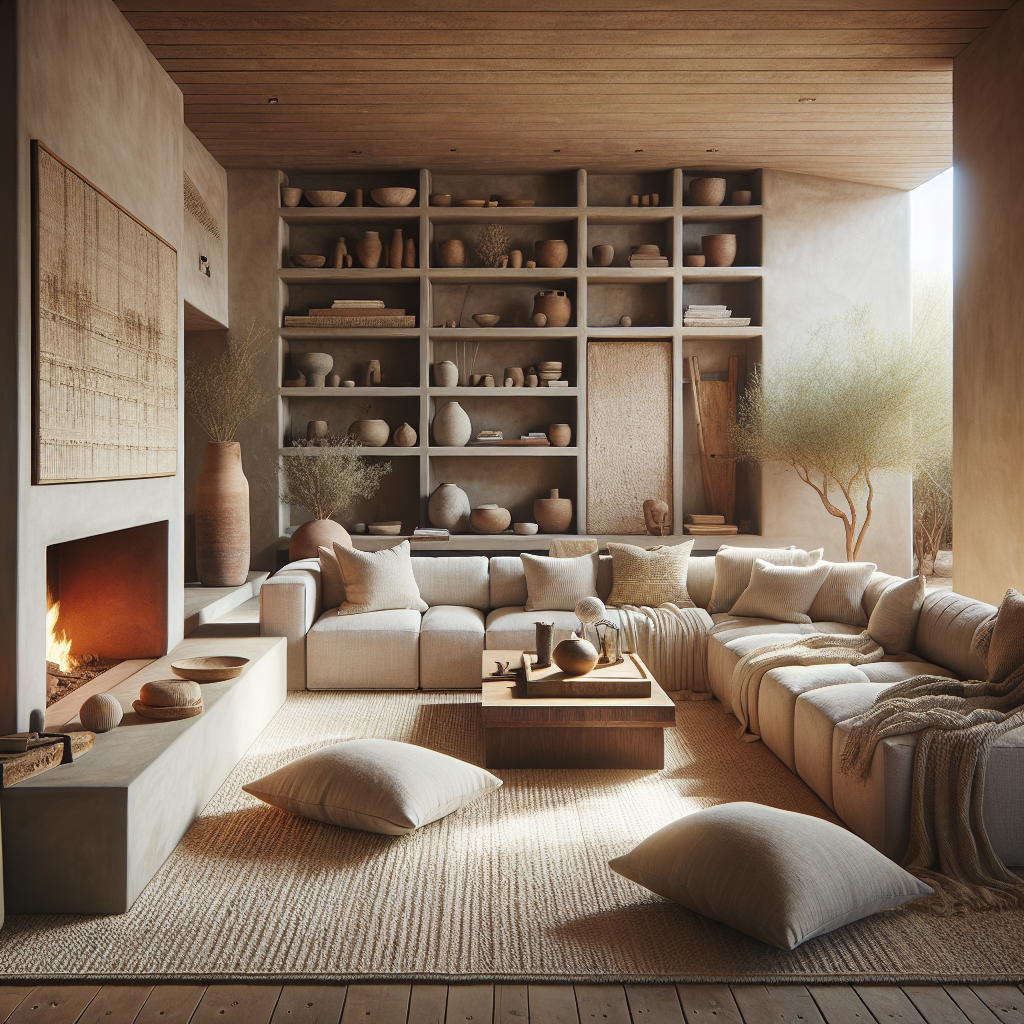 Rustieke woonkamer met comfortabele meubels, aardewerken decoraties en een warme open haard.