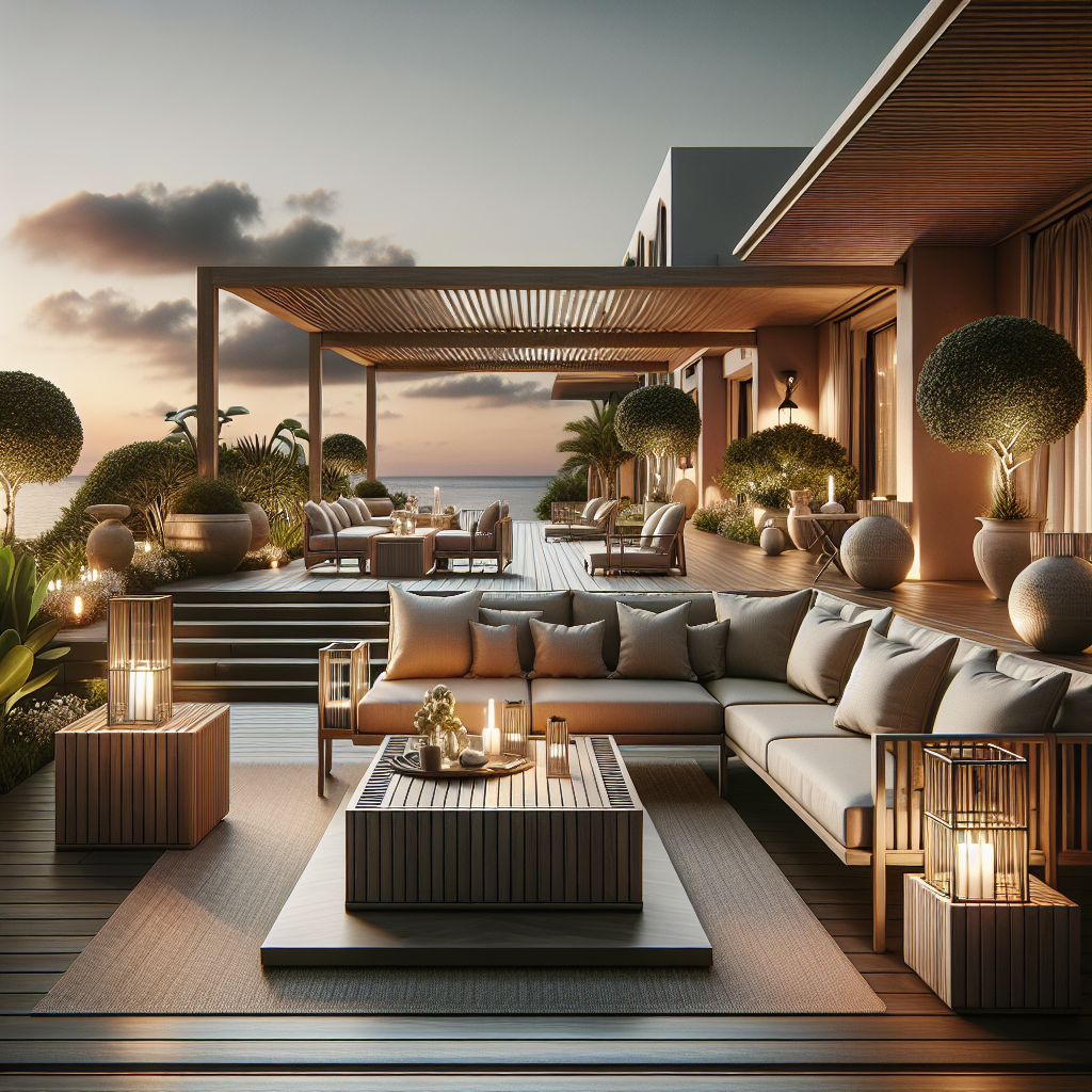 Een luxe terras met comfortabele meubels en prachtig zeezicht tijdens zonsondergang.