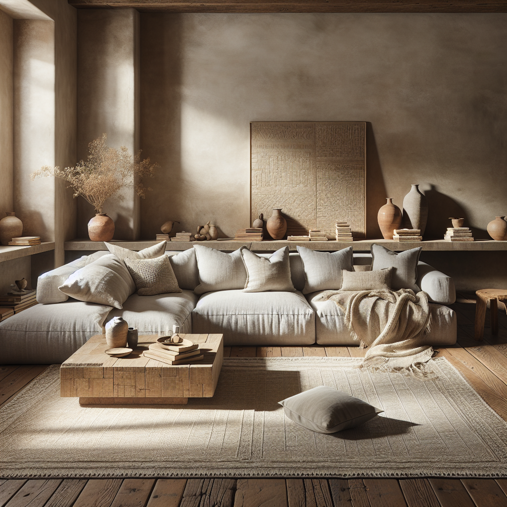 Cozy living room with neutral-toned sofa, decorative pillows, and natural light.