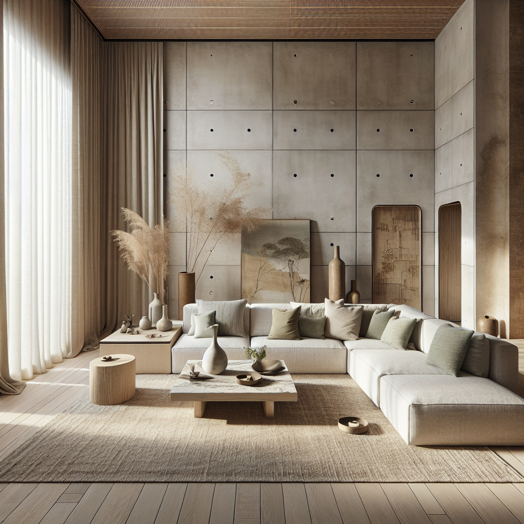 Een moderne woonkamer met een lichte bank, planten en aardetinten.