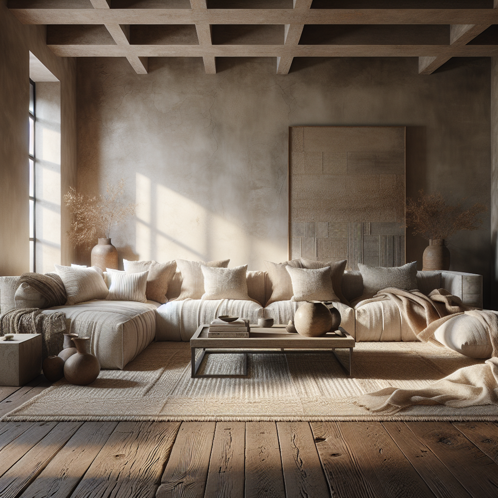 Een serene woonkamer met een neutraal kleurenpalet en natuurlijke materialen.