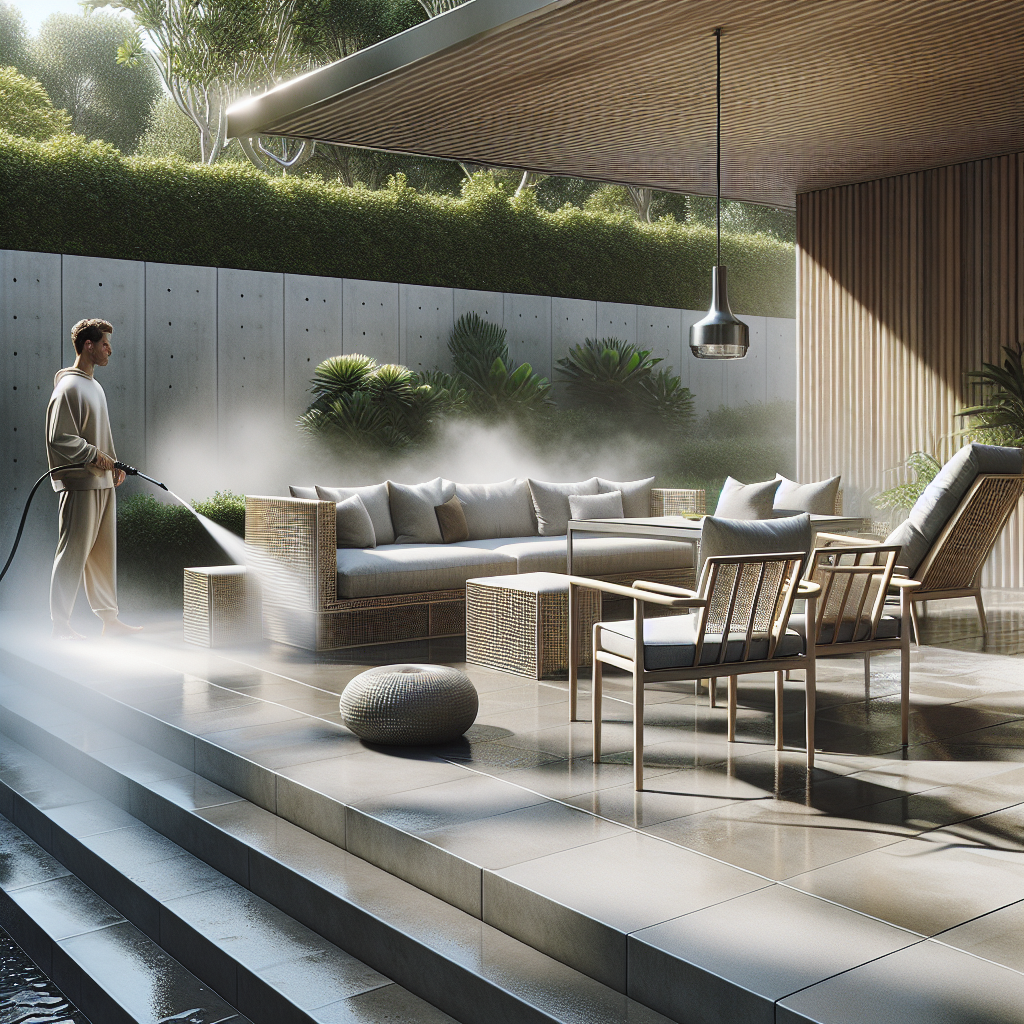 Een man schoonmaakt een modern terras met meubels en planten op de achtergrond.