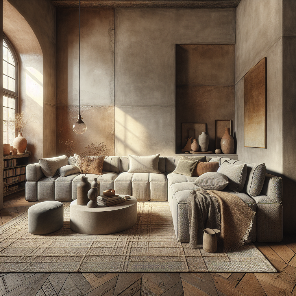 Bequeme, modern eingerichtete Wohnzimmerecke mit neutralen Farbtönen und warmem Licht.