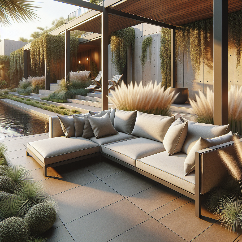 Moderne loungeset naast een rustige vijver en weelderige tuinplanten.