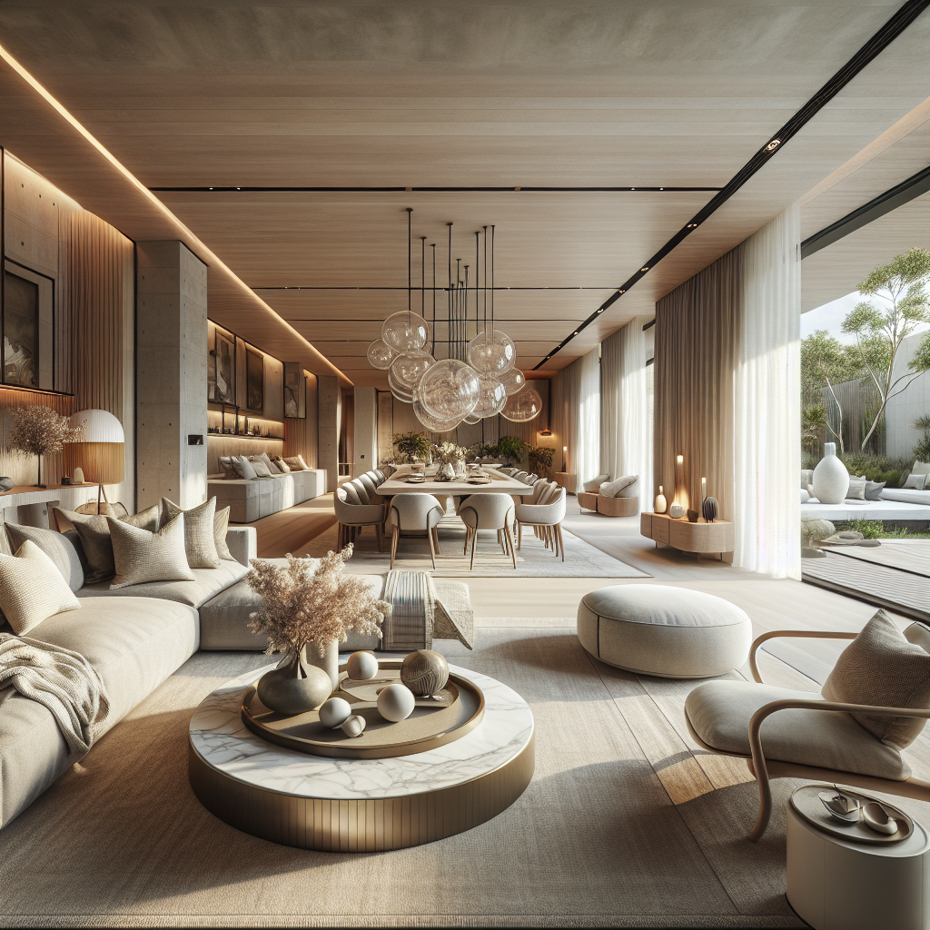 Moderne woonkamer met elegante meubels, warme verlichting en een open indeling.