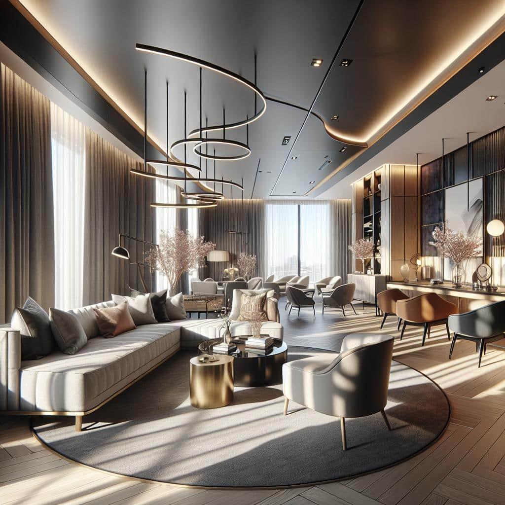 "Elegant interieurontwerp van een luxueuze woonkamer met grote ramen, houten vloeren, designermeubilair, moderne hanglampen, en een neutraal kleurenpalet."