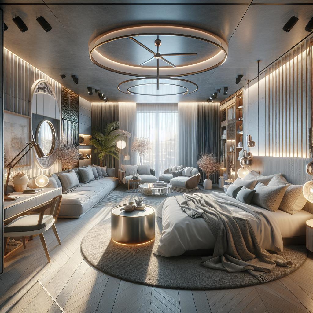 Alt text: Luxe Scandinavische hotelkamer interieur, mix van modern en gezellig, 2025.