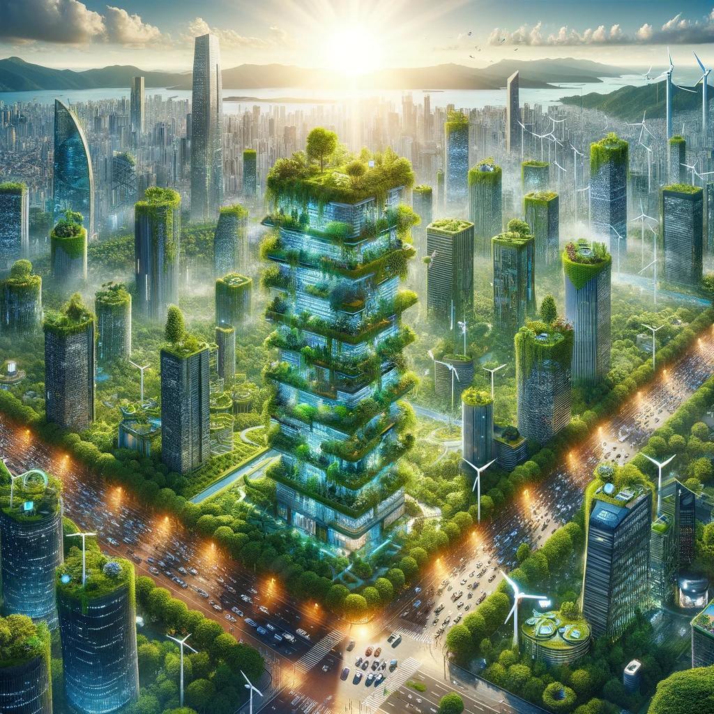 "Futuristische groene stad tijdens zonsondergang met verticale bossen en geïntegreerde duurzame energie, high-tech wolkenkrabbers en drukke verkeerswegen."