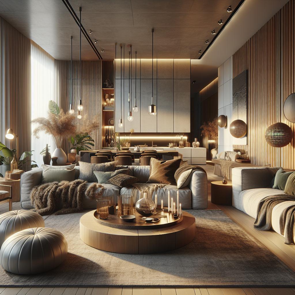 Hyperrealistisch Scandinavisch luxueus interieurdesign met duurzame elegantie en warme verlichting.