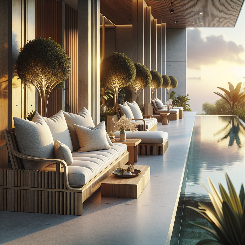 Luxueuze lounge met comfortabele zitplaatsen en weelderige planten bij zonsondergang.