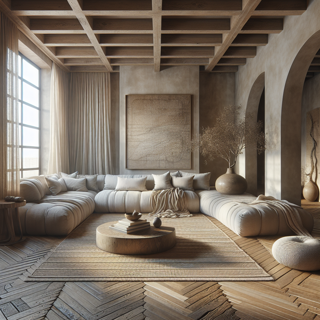 Cozy, modern living room with neutral tones and natural light. Inviting atmosphere.