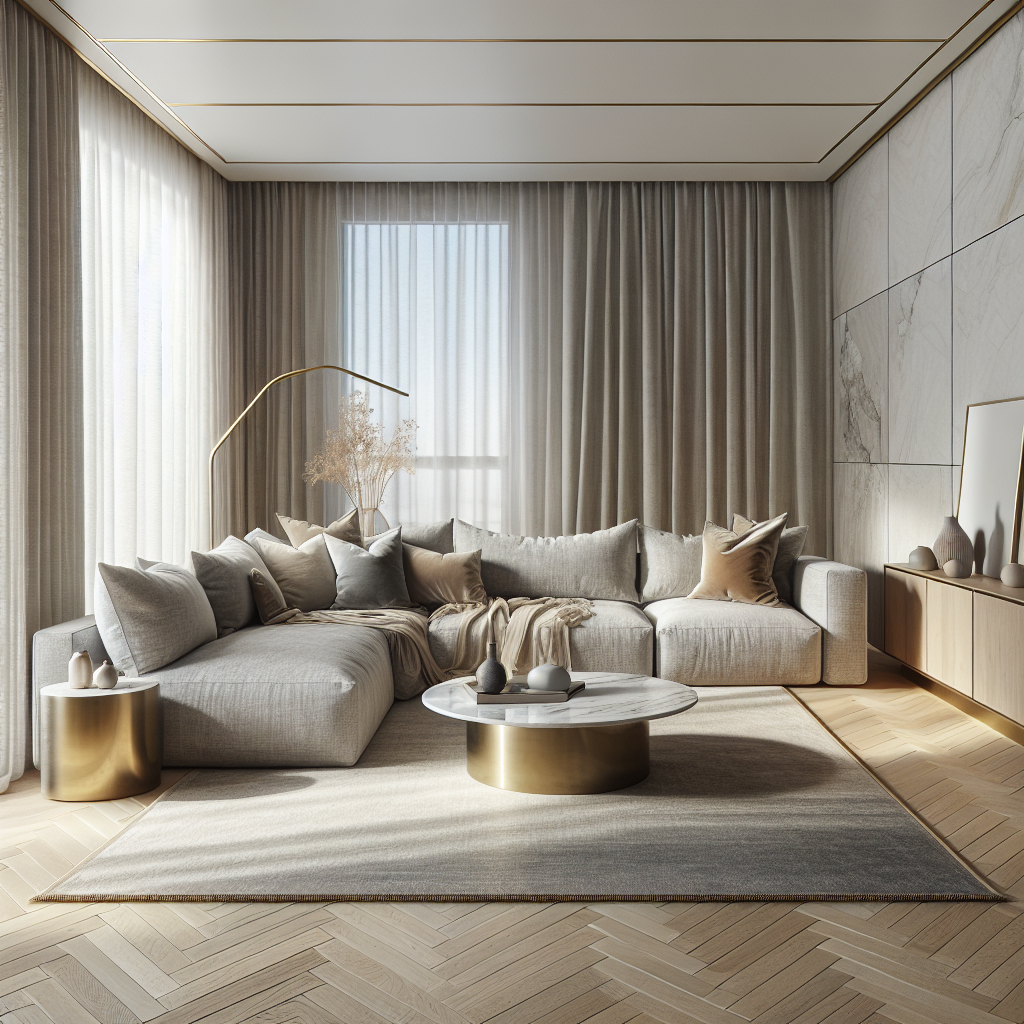 Moderne woonkamer met een lichte bank, gouden accenten en veel natuurlijk licht.