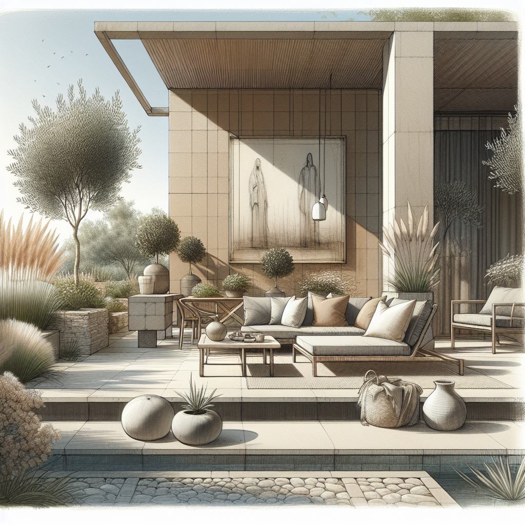Moderne buitenruimte met comfortabele meubels en groene planten, perfect voor ontspanning.