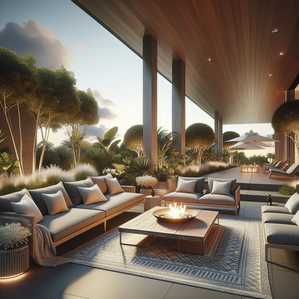 Een moderne patio met comfortabele meubels en een gezellige vuurplaats.