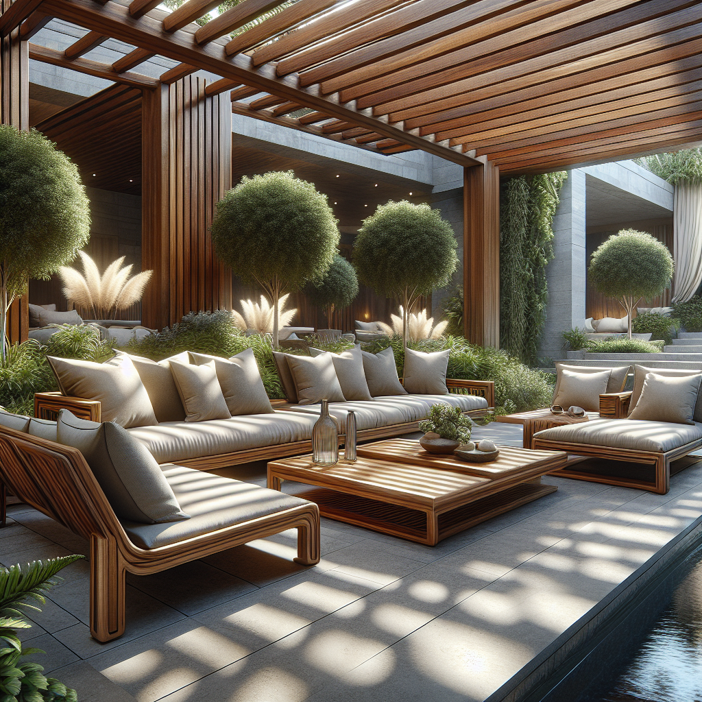Luxueuze buitenruimte met houten meubels, planten en zacht zonlicht. Rustgevende sfeer.