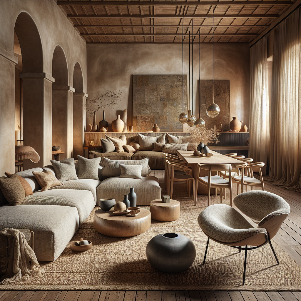 Een sfeervolle woonkamer met neutrale tinten en organische meubelstukken.