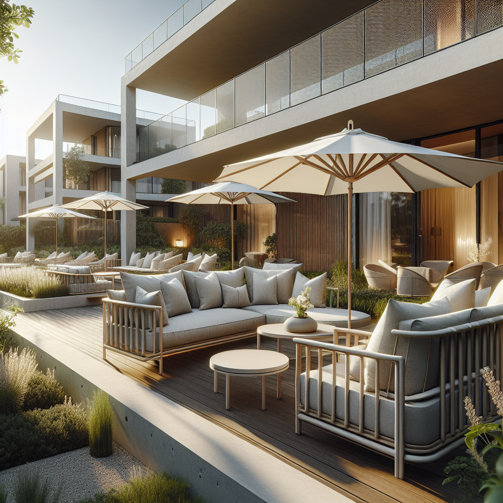 Moderne lounge met comfortabele banken en parasols in een rustige tuin.