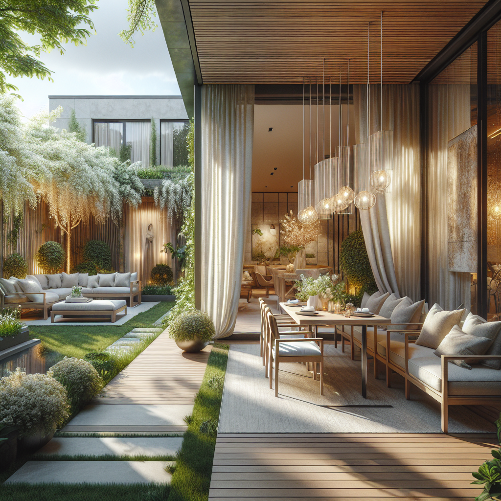 Moderne tuin met comfortabel meubilair en een uitnodigende eetruimte.
