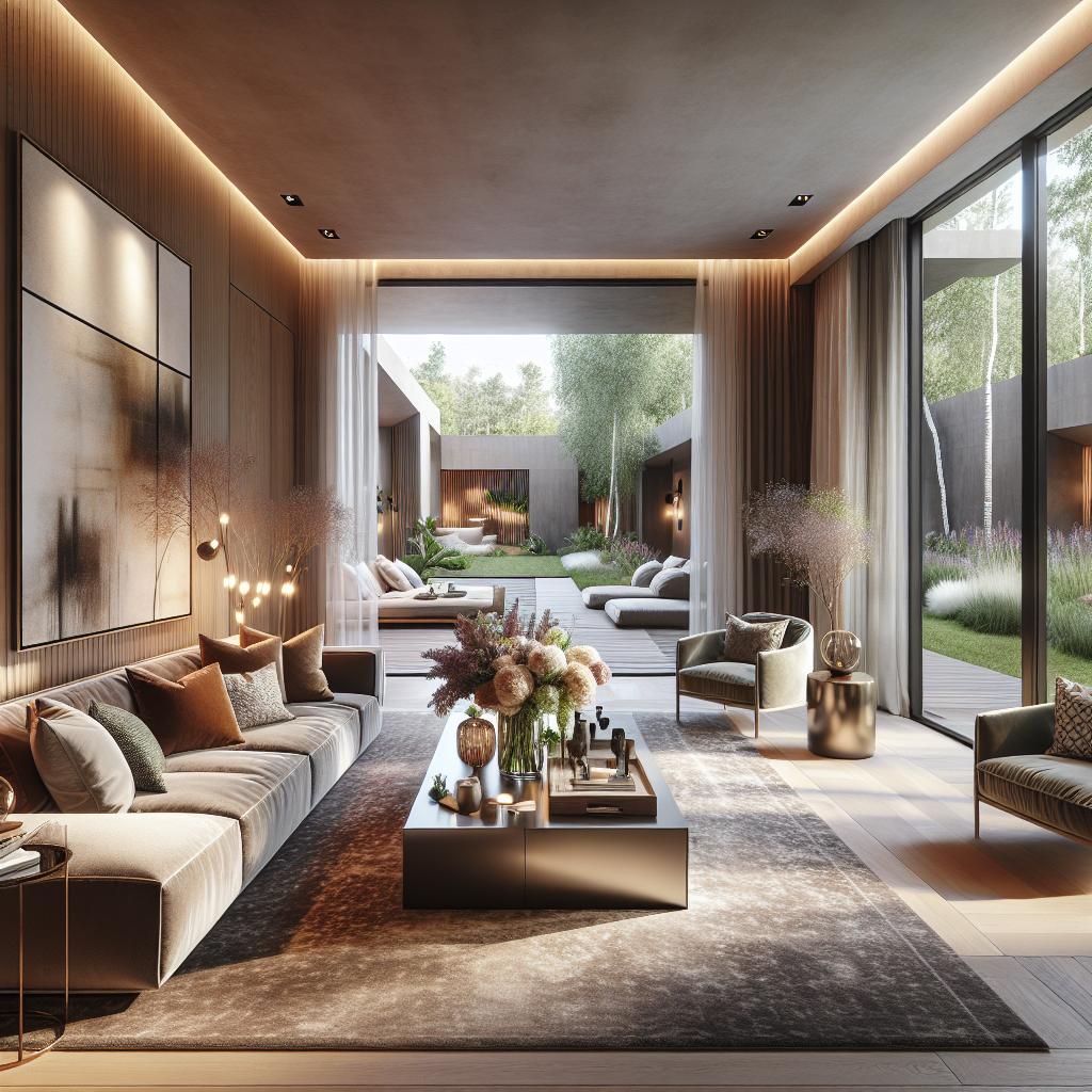Moderne woonkamer met tuinzicht, elegante meubels en sfeervolle verlichting.