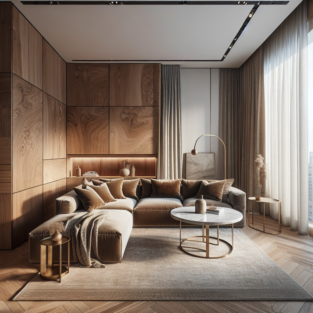 Modern woonkamer met houten muren, comfortabele bank en stijlvolle accessoires.