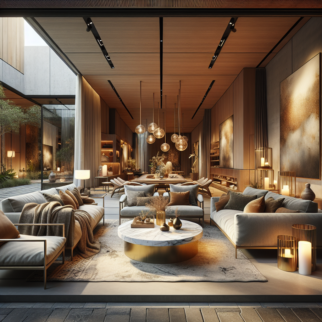 Moderne woonkamer met comfortabele meubels en warme verlichting, omgeven door natuurlijk licht.