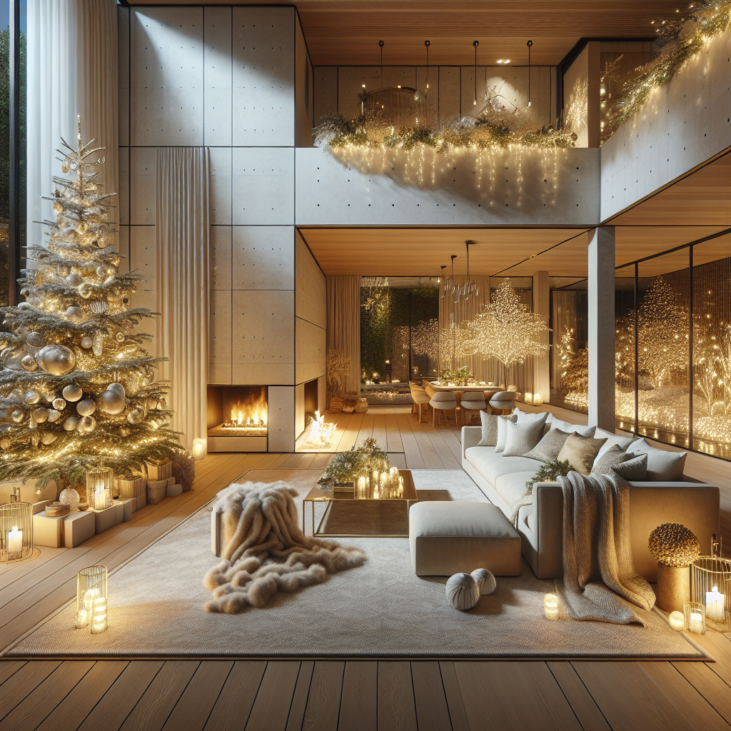Een sfeervol modern interieur met een kerstboom en warme verlichting.
