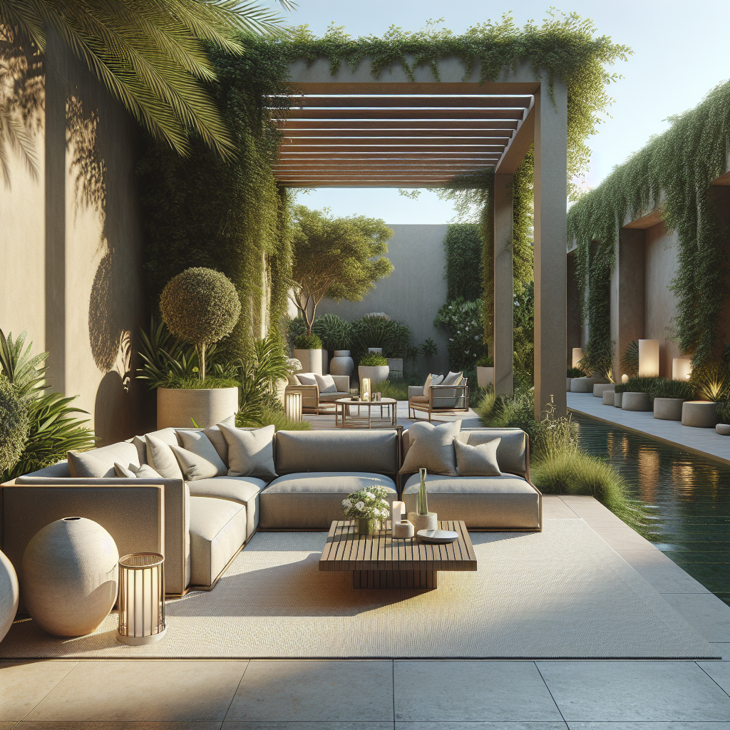 Luxueuze buitenruimte met comfortabele meubels, groenblijvende planten en een rustige vijver.