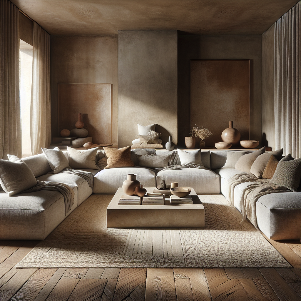 Geräumiges Wohnzimmer mit neutralen Tönen, gemütlichem Sofa und dekorativen Keramiken.