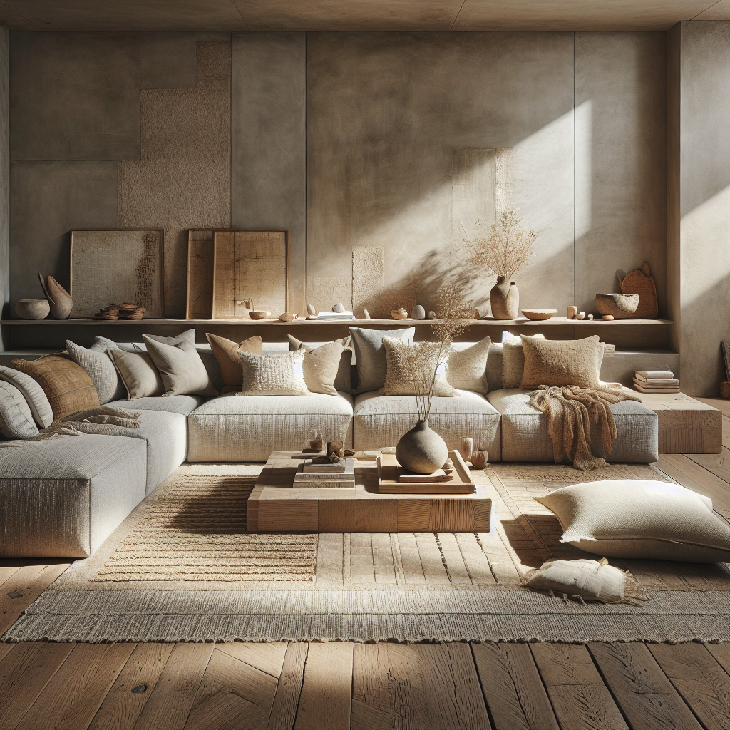 Een stijlvolle woonkamer met neutrale tinten en gezellige decoraties.