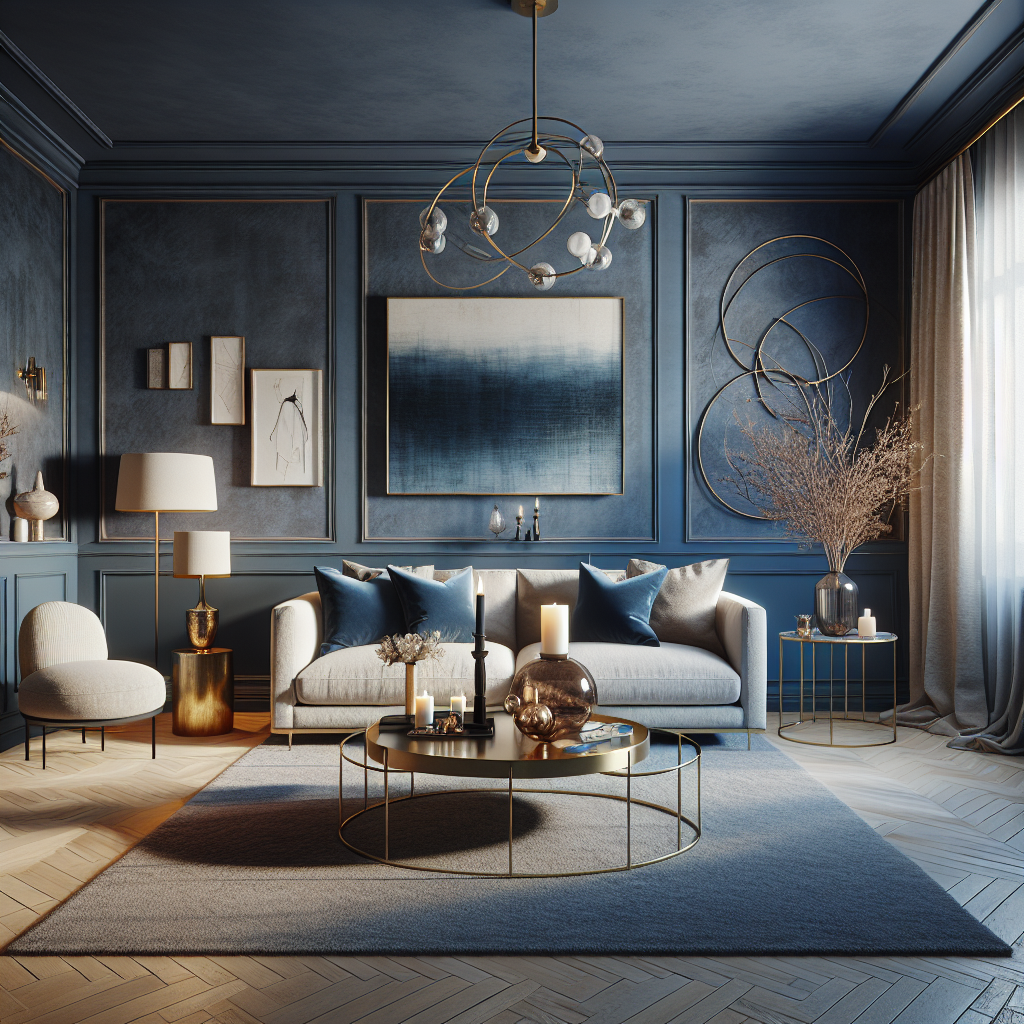Moderne woonkamer met blauwe muren, elegante meubels en sfeervolle verlichting.