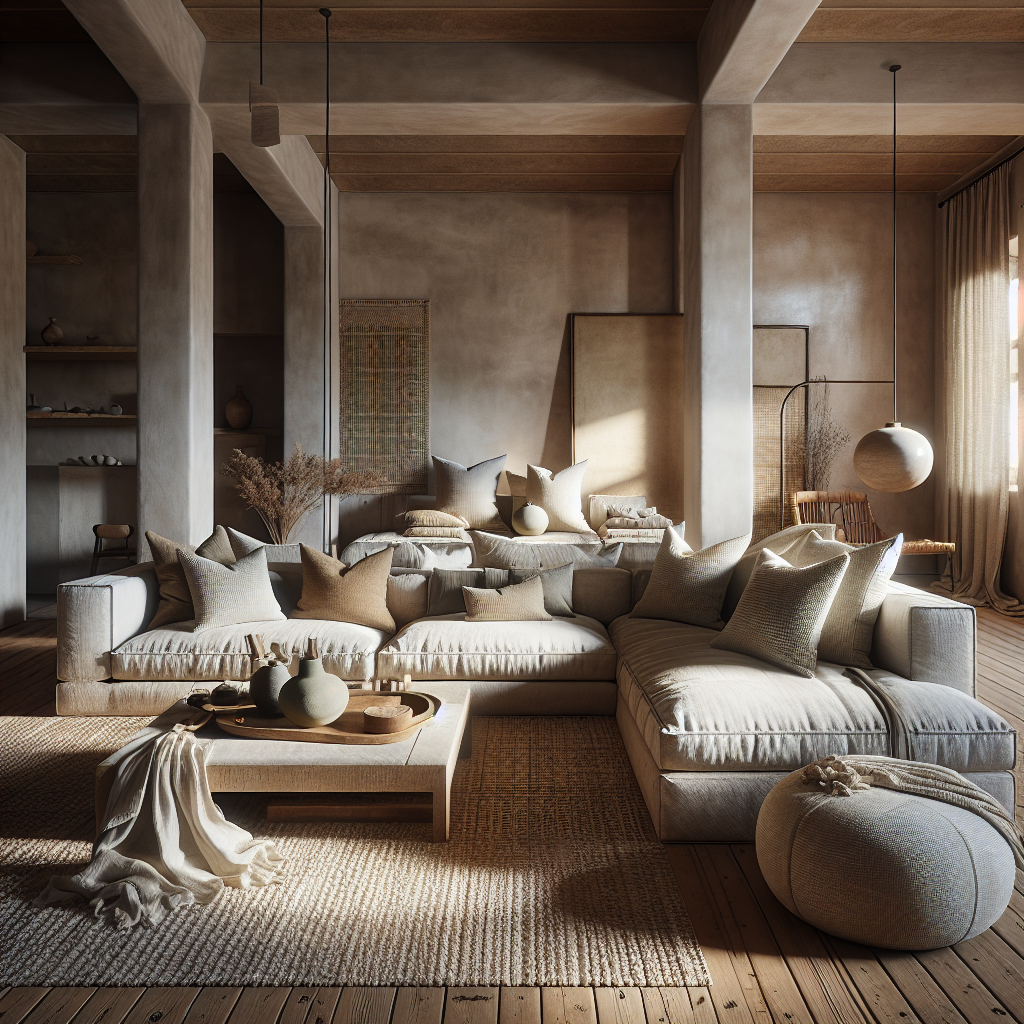 Een gezellige, neutraal gekleurde woonkamer met comfortabele meubels en sfeervolle verlichting.