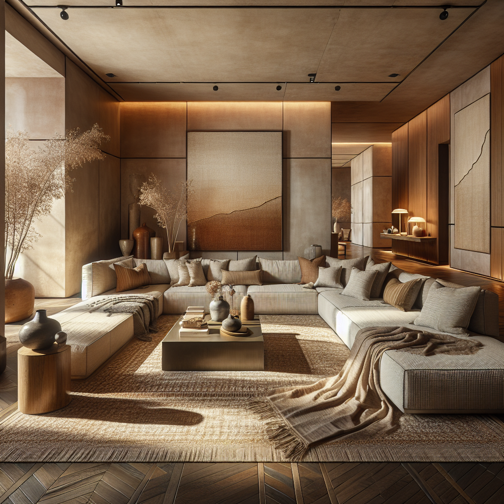 Modernes Wohnzimmer mit neutralen Farben, gemütlicher Couch und stilvoller Dekoration.