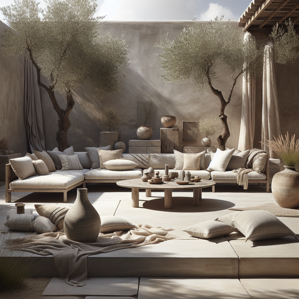 Een serene buitenruimte met een comfortabele zithoek en decoratieve aardewerk.