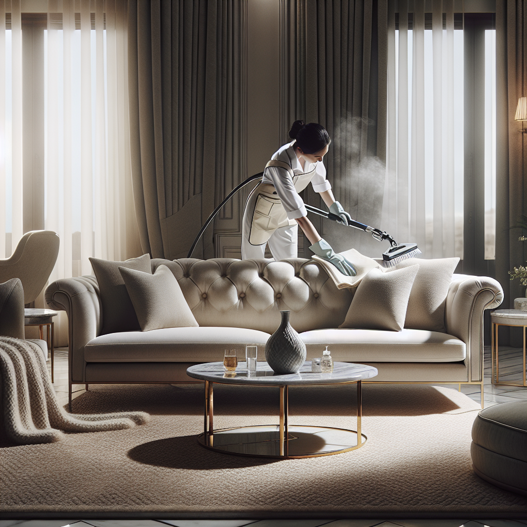 Een vrouw stofzuigt het sofa in een elegante woonkamer met natuurlijke lichtinval.