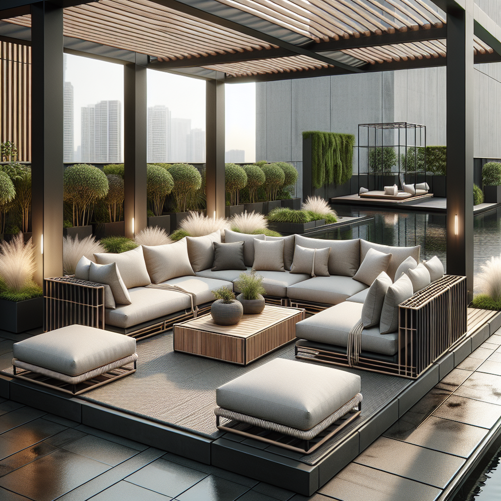 Moderne loungeset op een dakterras, omringd door groene planten en een zwembad.