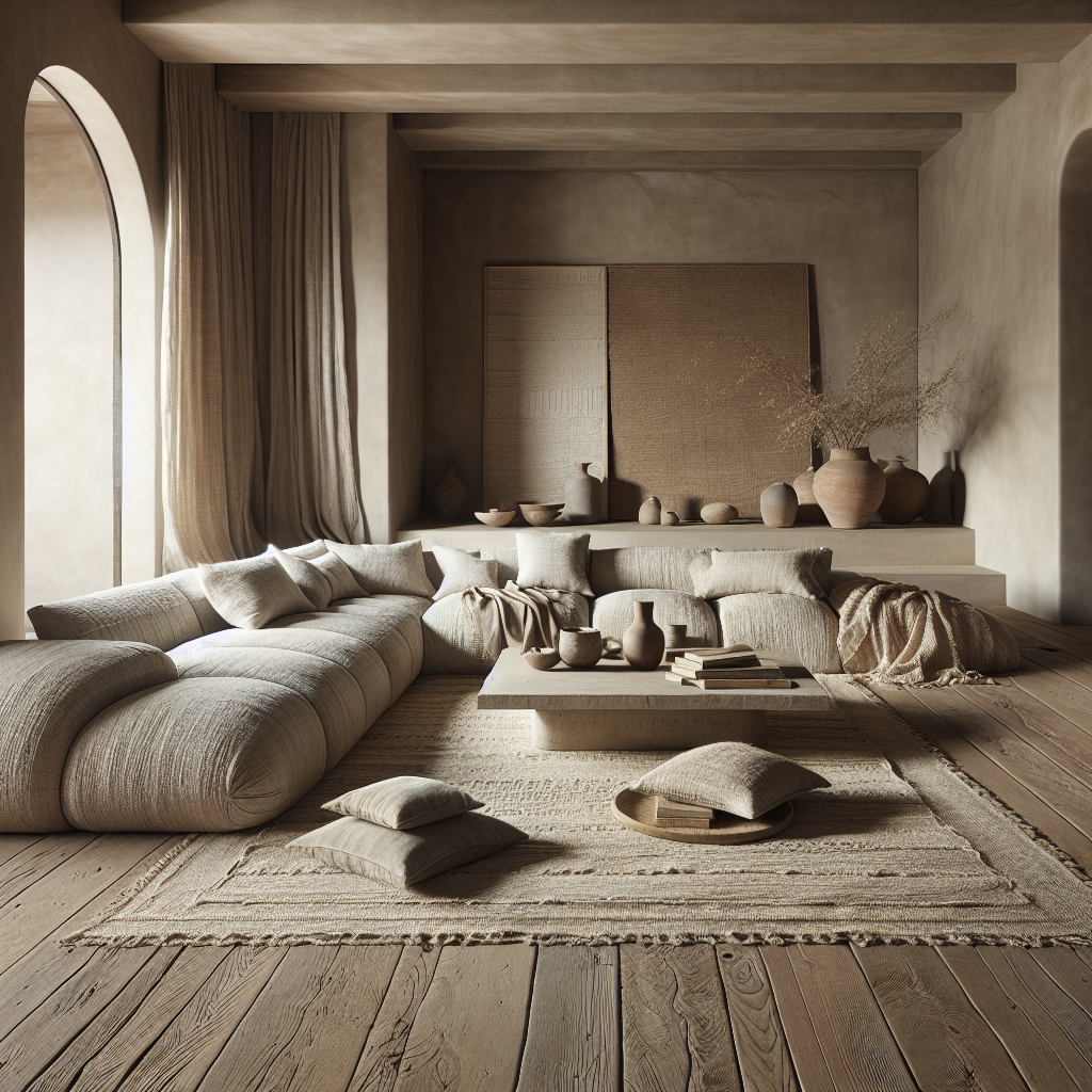 Een serene woonkamer met aardetinten, zachte stoffen en natuurlijk decor.